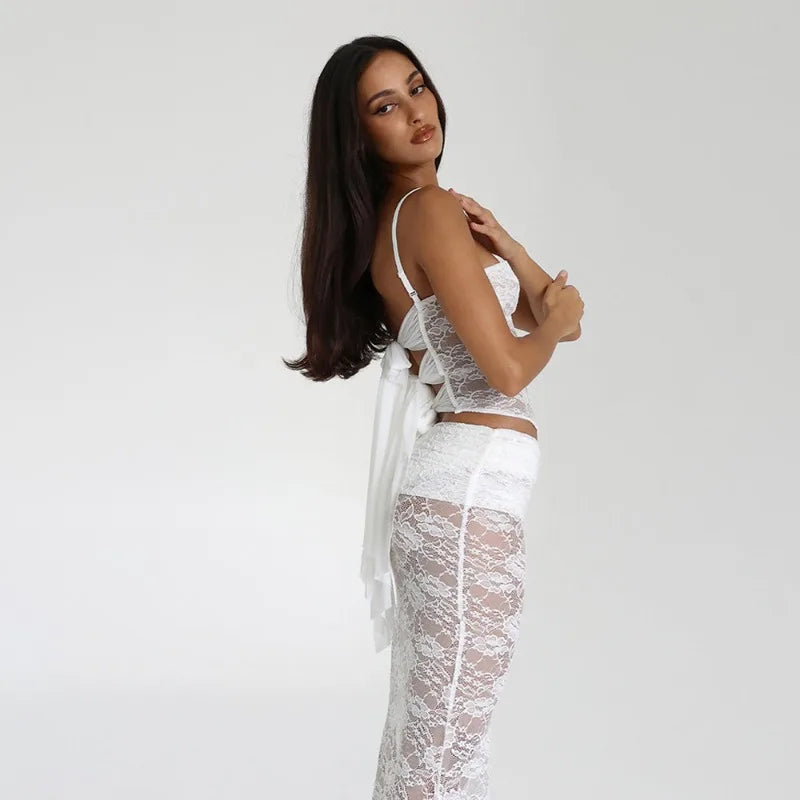 Camila See-Through Lace Set Crop Top Skirt