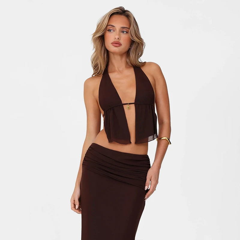 Lili Vintage Sets Off Shoulder Backless Sleeveless Halter Top With Slim Long Skirt