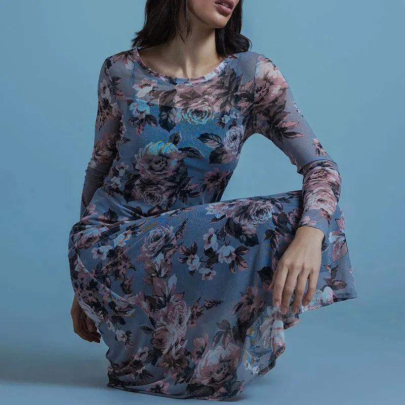 BC Floral Print O-Neck Long Sleeves Maxi Mesh Sheer Dress