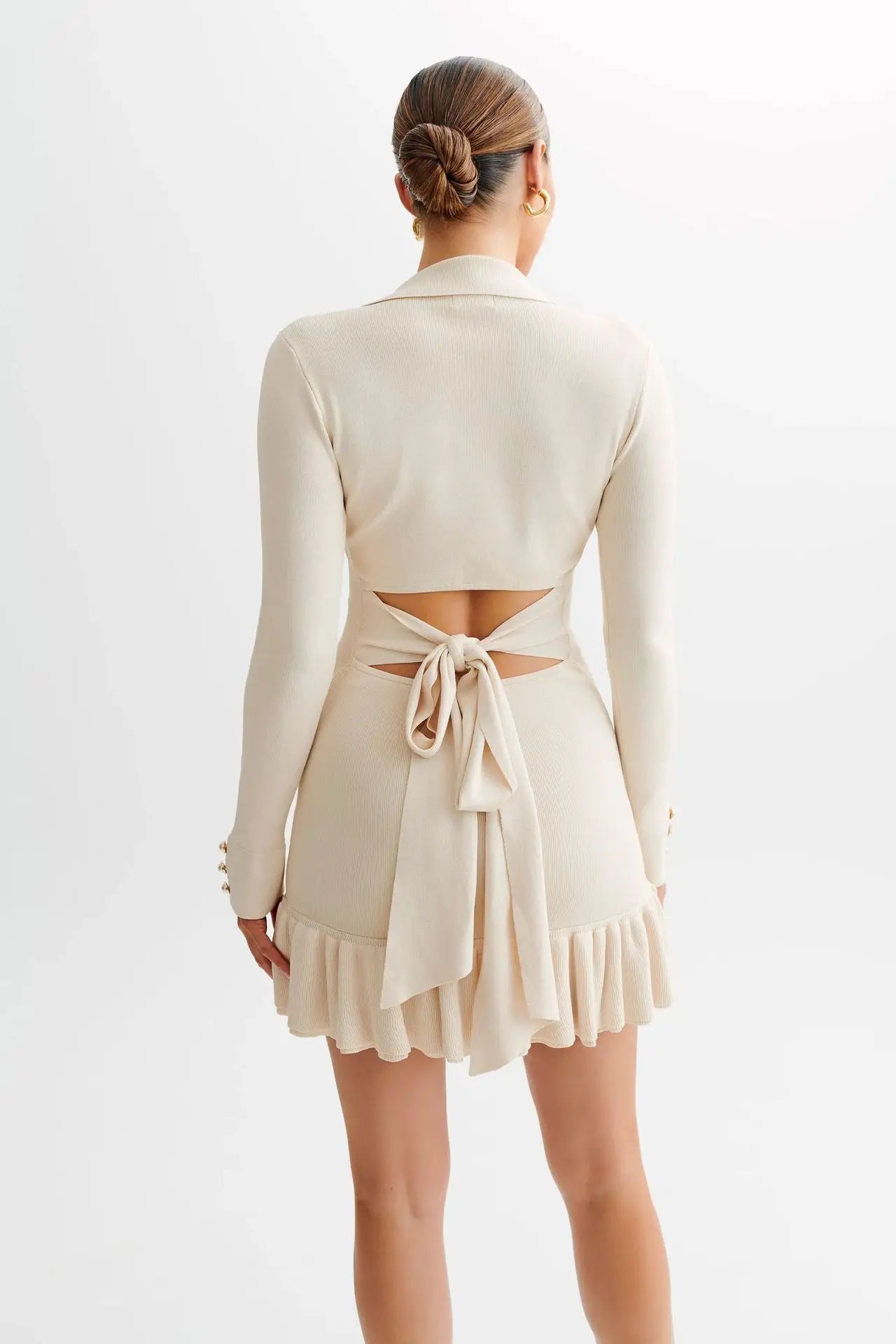Trea Ruffled Bow Knit Backless Contrast Cardigan Lace-Up Bandage Dress