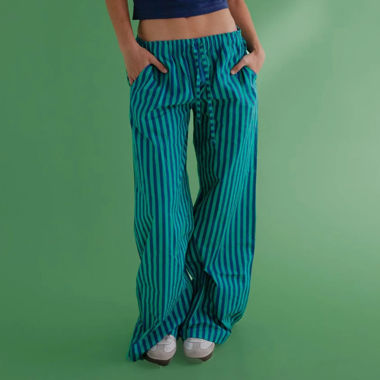 BC Y2K Vintage Drawstring Elastic Low Waist Wide Leg Striped Trousers