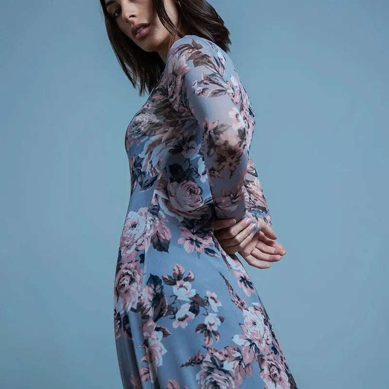 BC Floral Print O-Neck Long Sleeves Maxi Mesh Sheer Dress