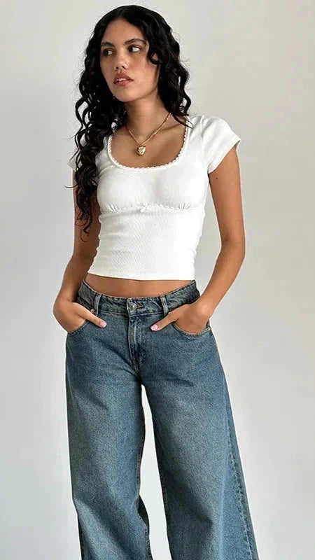 Brittany Bow Lace Trim Short Sleeve Crop Top