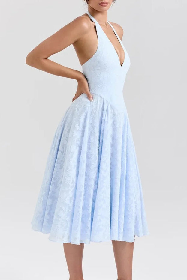 LU Deep V Neck Halter Sleeveless Backless A-line Loose Pleated  Mid Dress