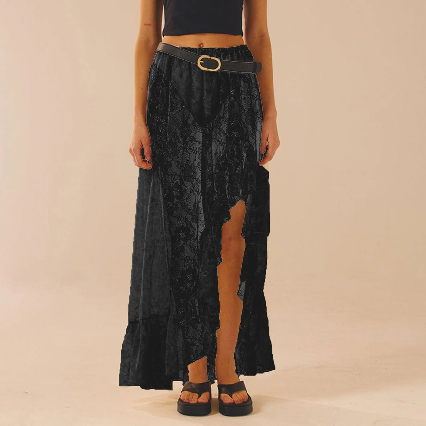 BC  Asymmetrical Lace  Flowy Vintage High Waist Ruffle Midi Aesthetic See Through Elastic Skirts