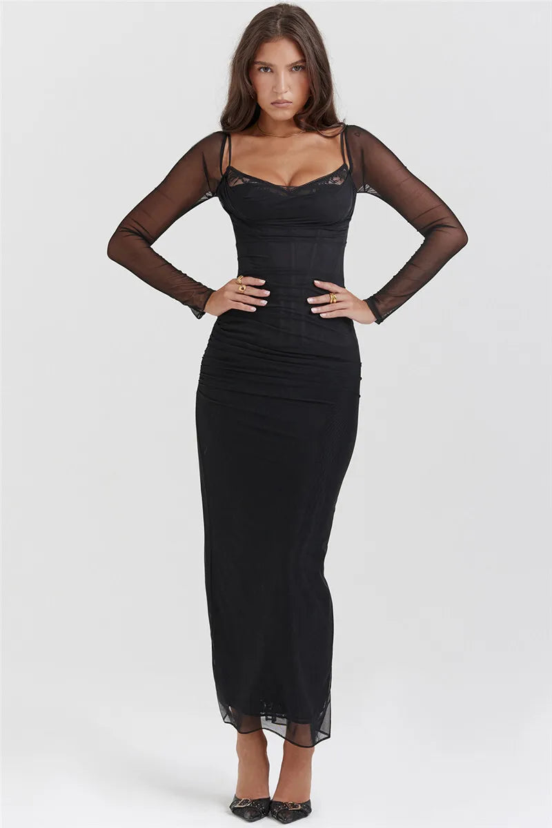 Molla Elegant Sheer Long Sleeve  Mesh Black Strapless Backless Dress