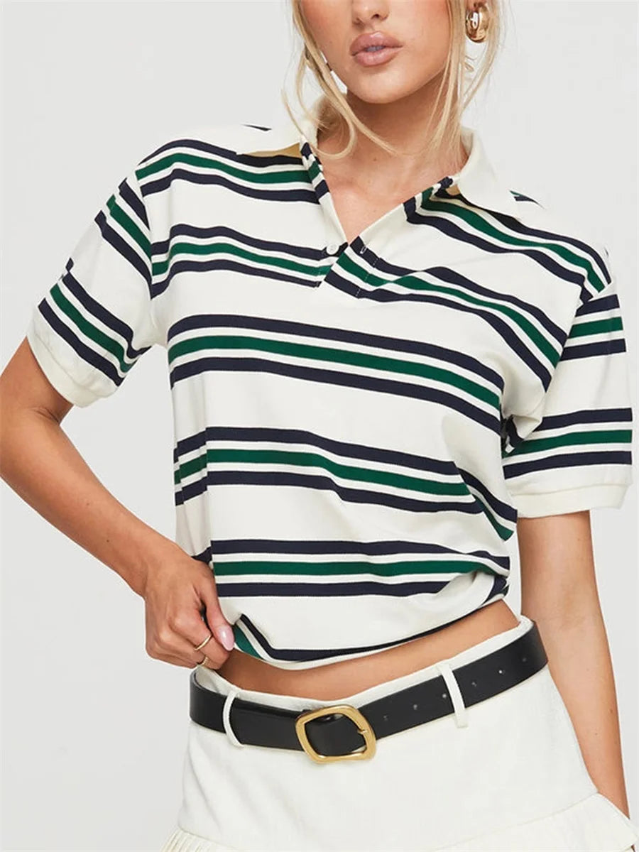 Bia Casual Striped Print Lapel Short Sleeve T-shirt