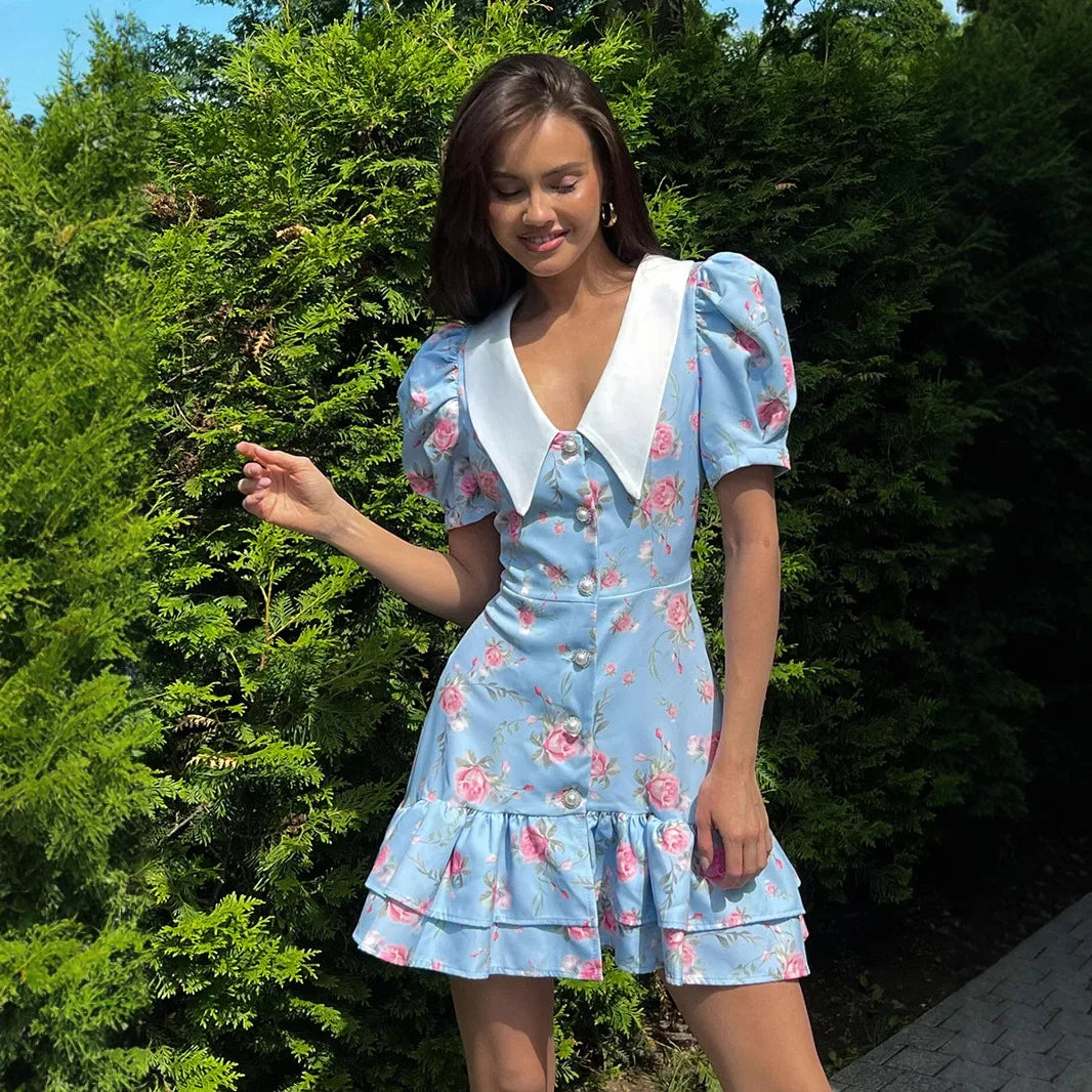 Nova Print Puff Sleeves Ruffled V-Neck High Waist Pearl Dress