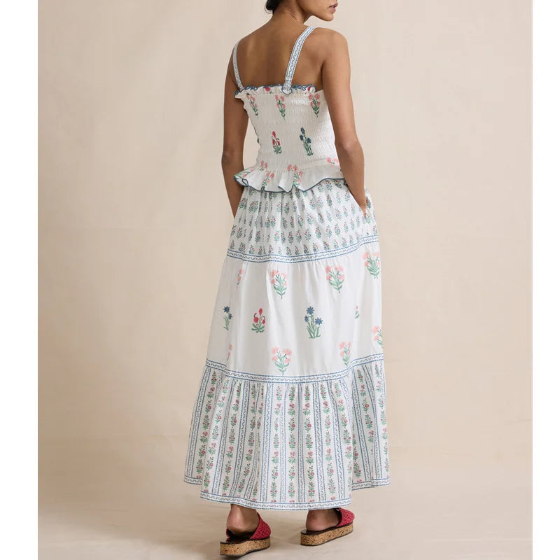 Lamusa Floral Ruffle Square Collar Sleeveless High Waist Tiered Long Dress