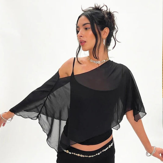 BC Set Camisole + Sexy Neckless Waistless Mesh Shoulder Slash Ruffled Top
