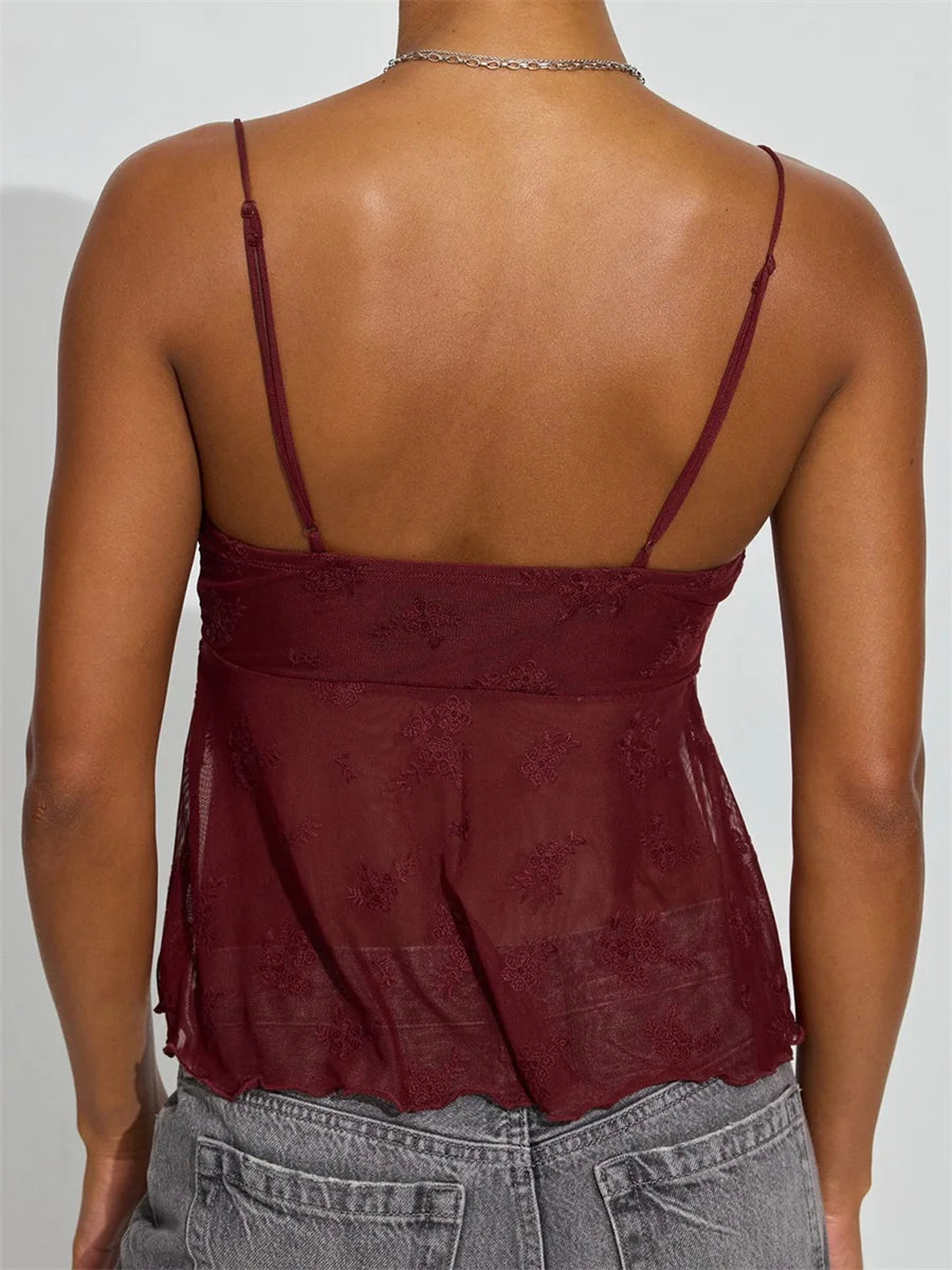 BC Sleeveless V Neck Floral Embroidery Mesh Cami Lace Trim Tank Top
