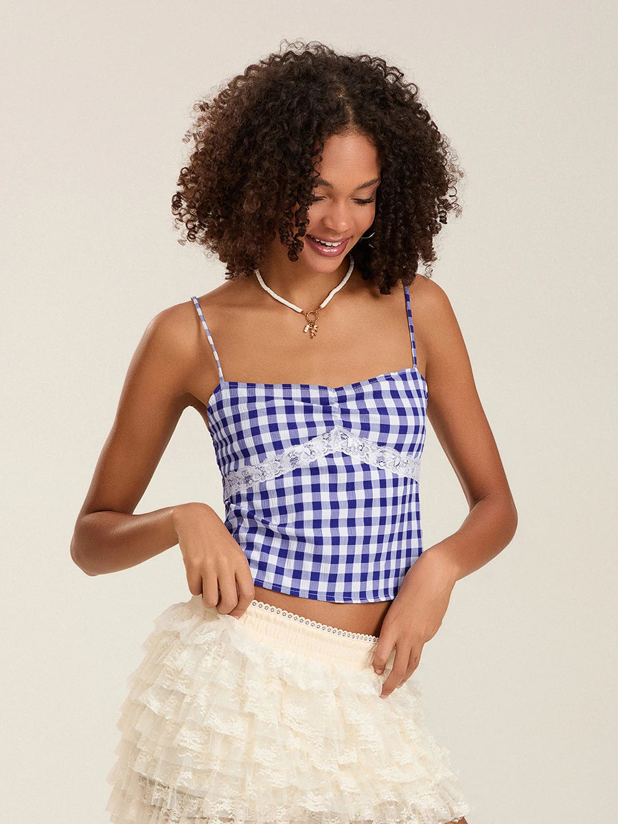 BC Straps Plaids Camis Sleeveless Lace Patchwork Low Cut Crop Tops