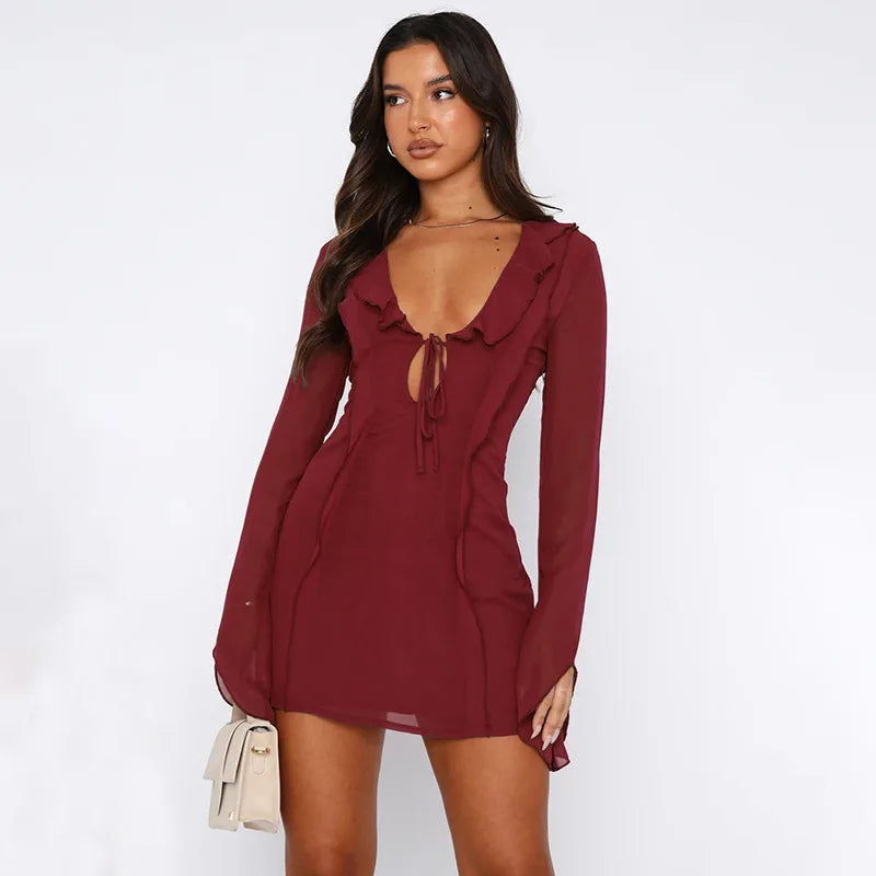 Reese Mesh Ruffle Long Sleeve Tie Up Deep V Neck Short Dress