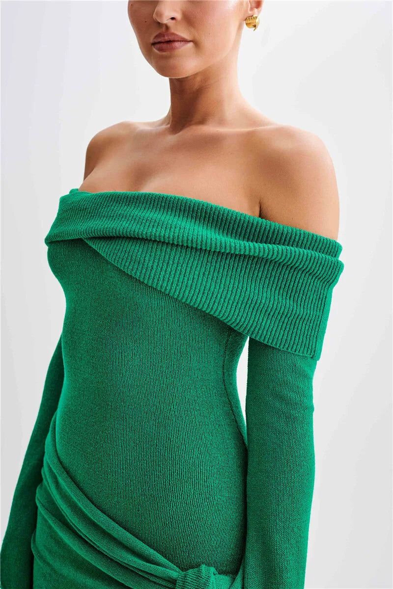 MUA Off-shoulder Knit Strapless Backless Long Sleeve Ruched Draped Knitted Mini Dress