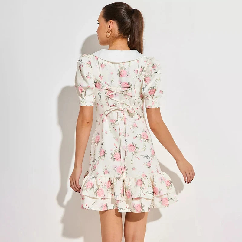 Nova Print Puff Sleeves Ruffled V-Neck High Waist Pearl Dress