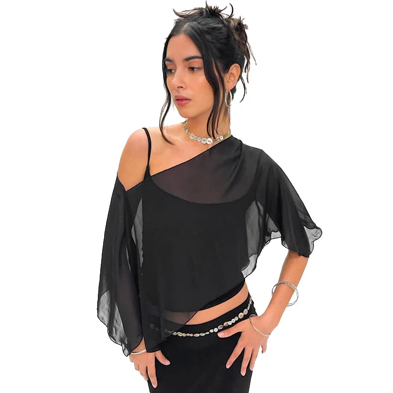 BC Set Camisole + Sexy Neckless Waistless Mesh Shoulder Slash Ruffled Top