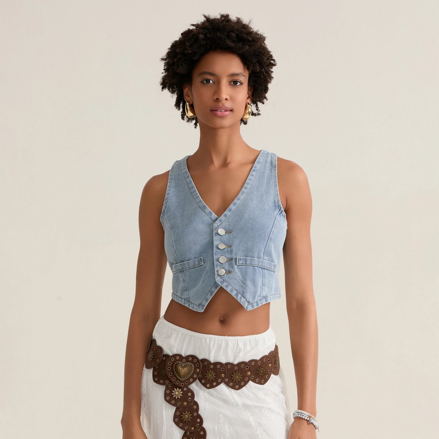 BC Cropped Jeans Waistcoats Sleeveless V Neck Button-down Denim Vests