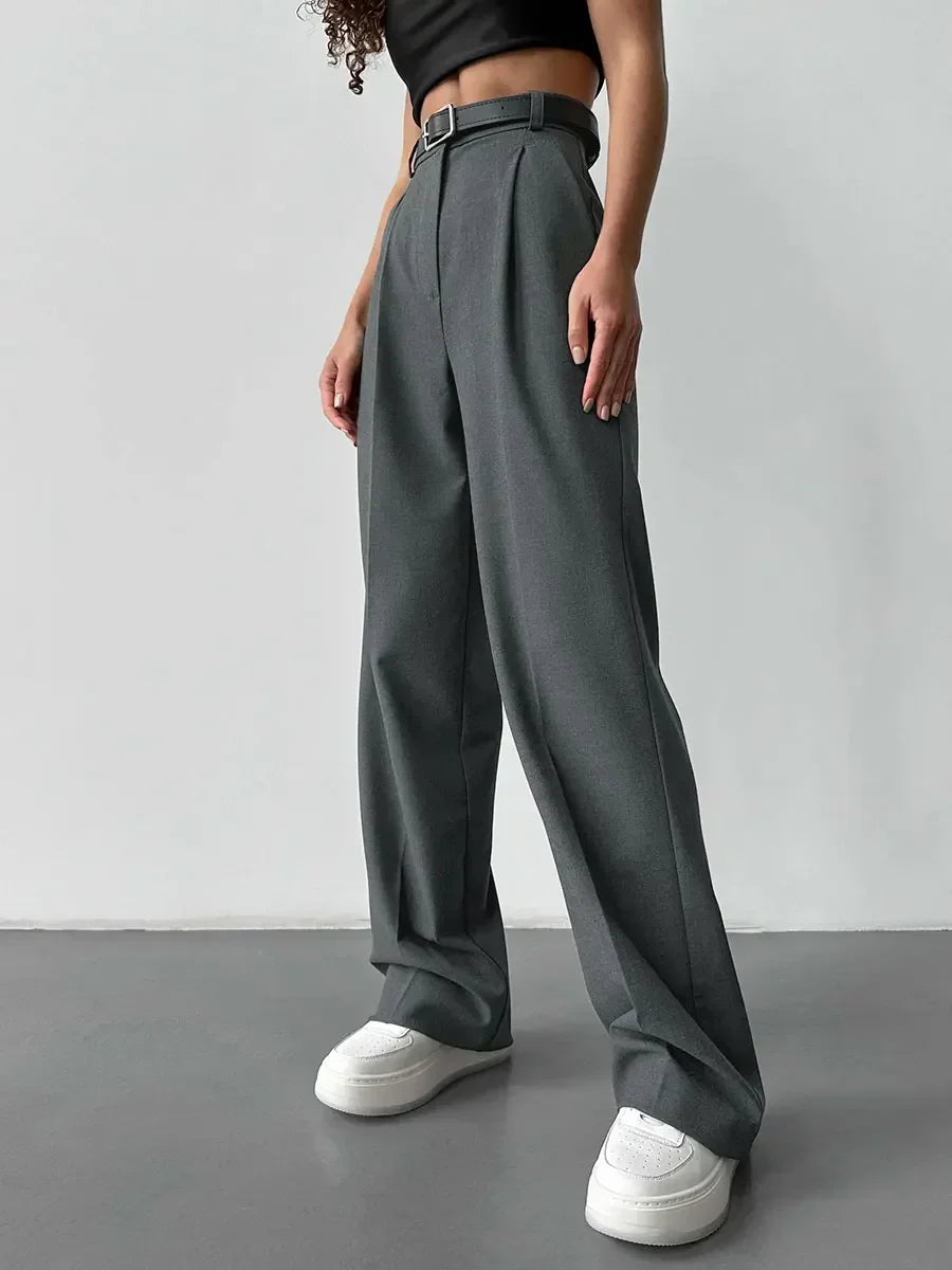 Wolf Full Length Trousers High Waist Pants Pockets Pleated Wide Leg