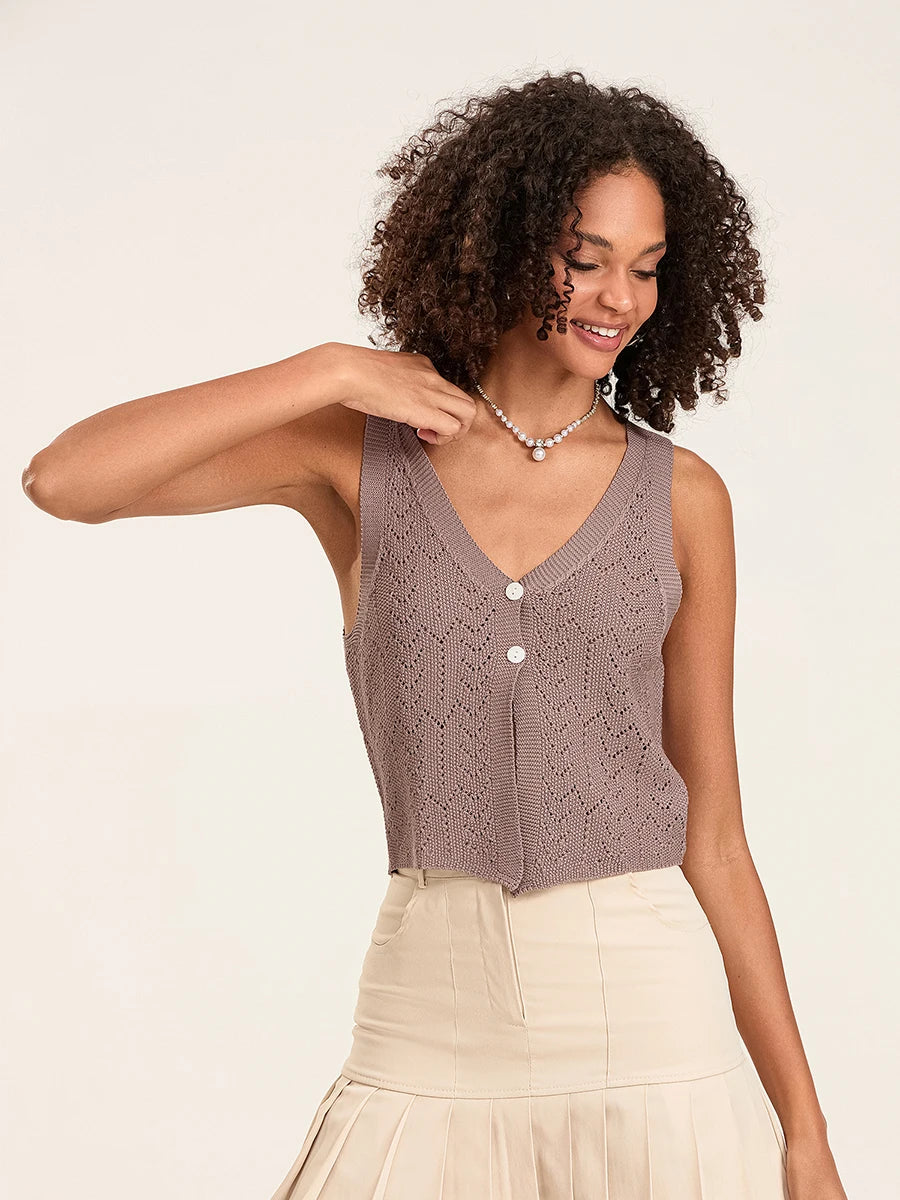 BG Summer Knitted Cutout Crop Tank Tops Sleeveless Button Sweater