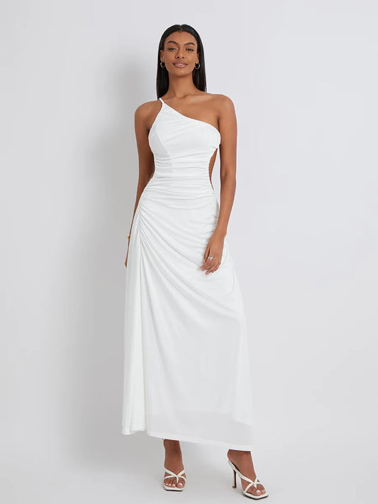 BG White Backless Long Dress One-Shoulder Suspender Flowy Hem