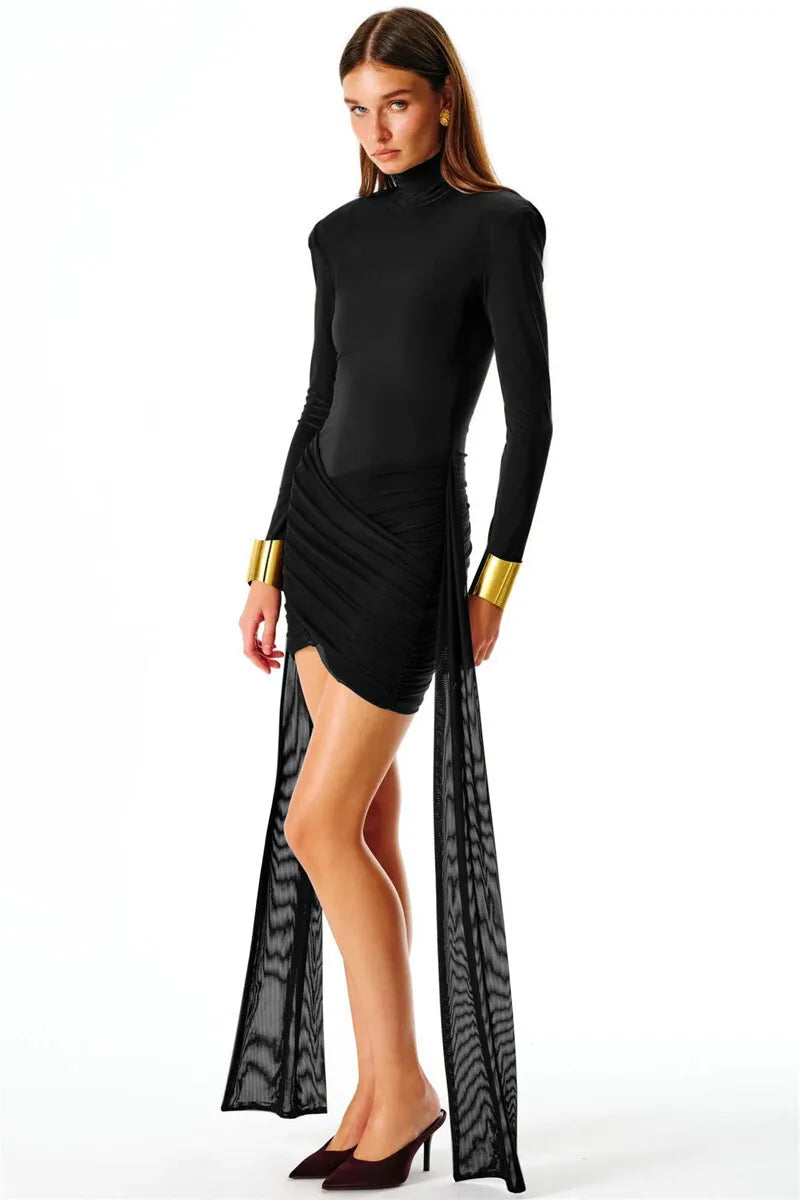 MUA Turtleneck Long Sleeve Mini Dress Draped Ruched Elegant Dress