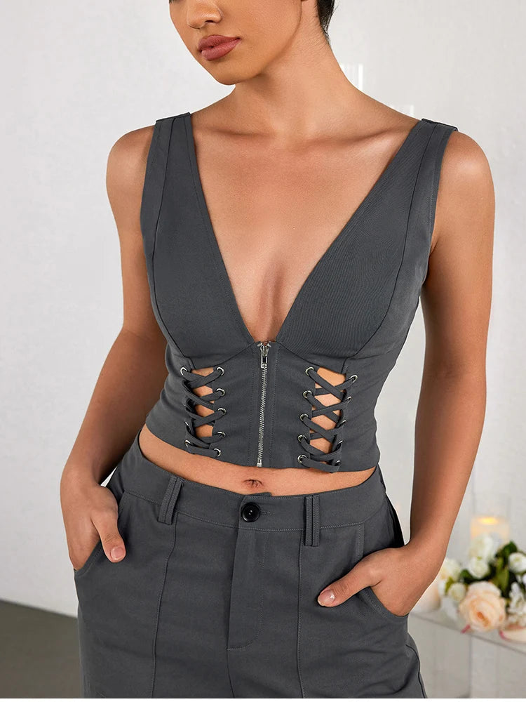 Odile Sleeveless Cut Out V Neck Crop Tank Top Backless Double Layer
