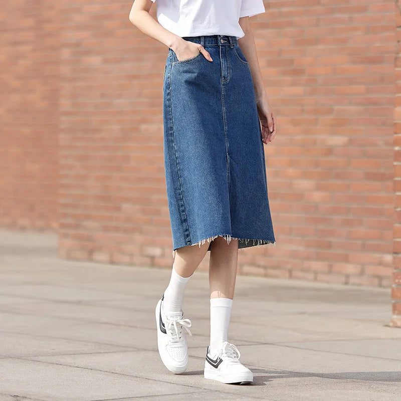 BG Denim High Waist Raw Edge Retro Versatile Skirt