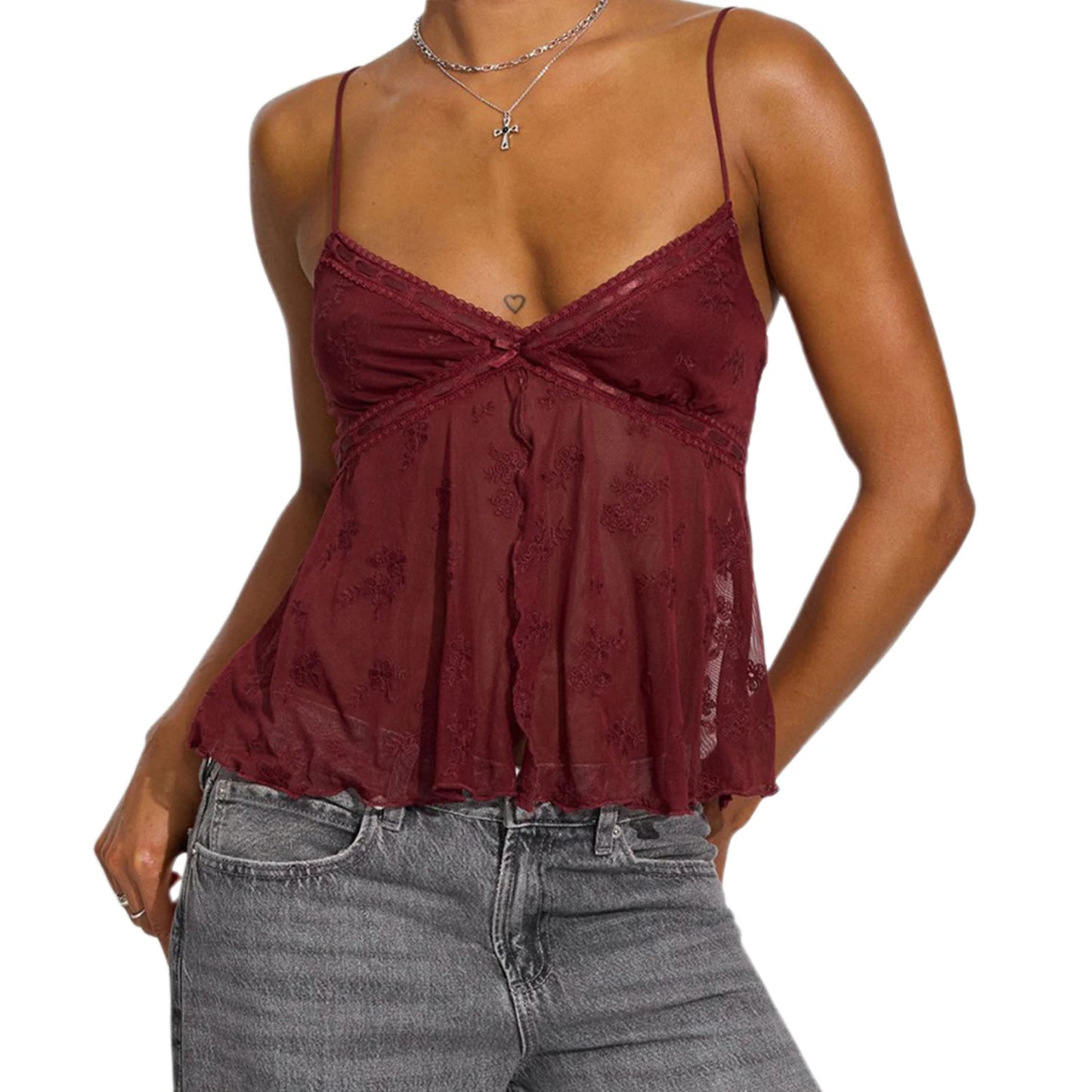 BC Sleeveless V Neck Floral Embroidery Mesh Cami Lace Trim Tank Top