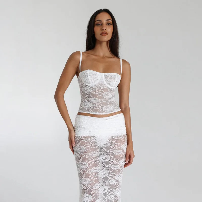 Camila See-Through Lace Set Crop Top Skirt