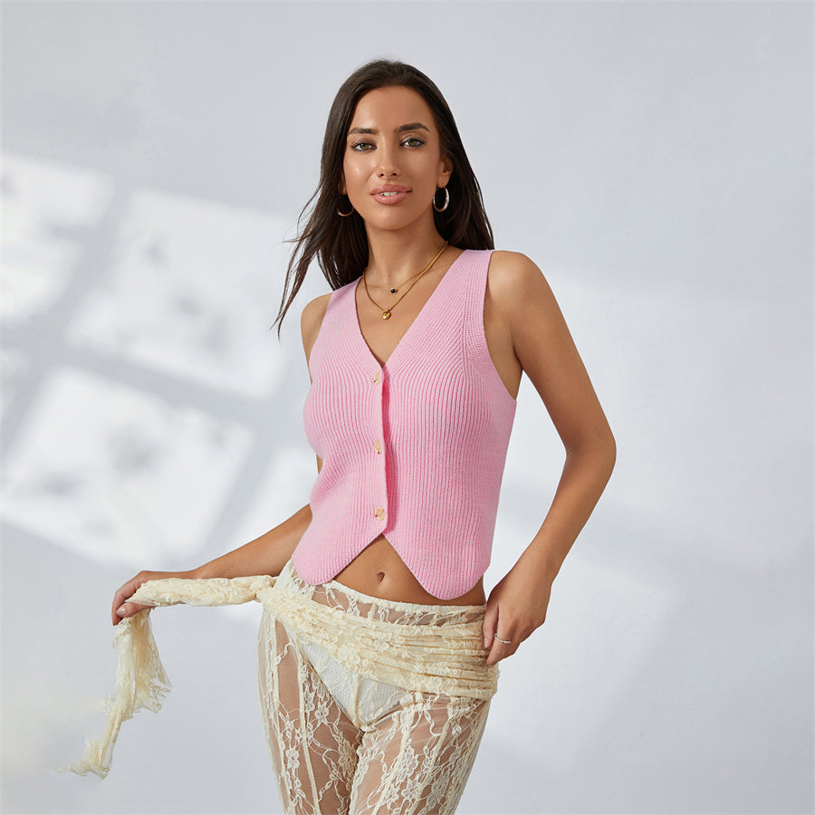 BG Knit Sweater Vest Sleeveless V Neck Button-down Tank Tops
