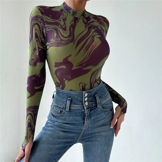 BC Green Tie Dye Bodysuit Mock Neck Mesh Summer