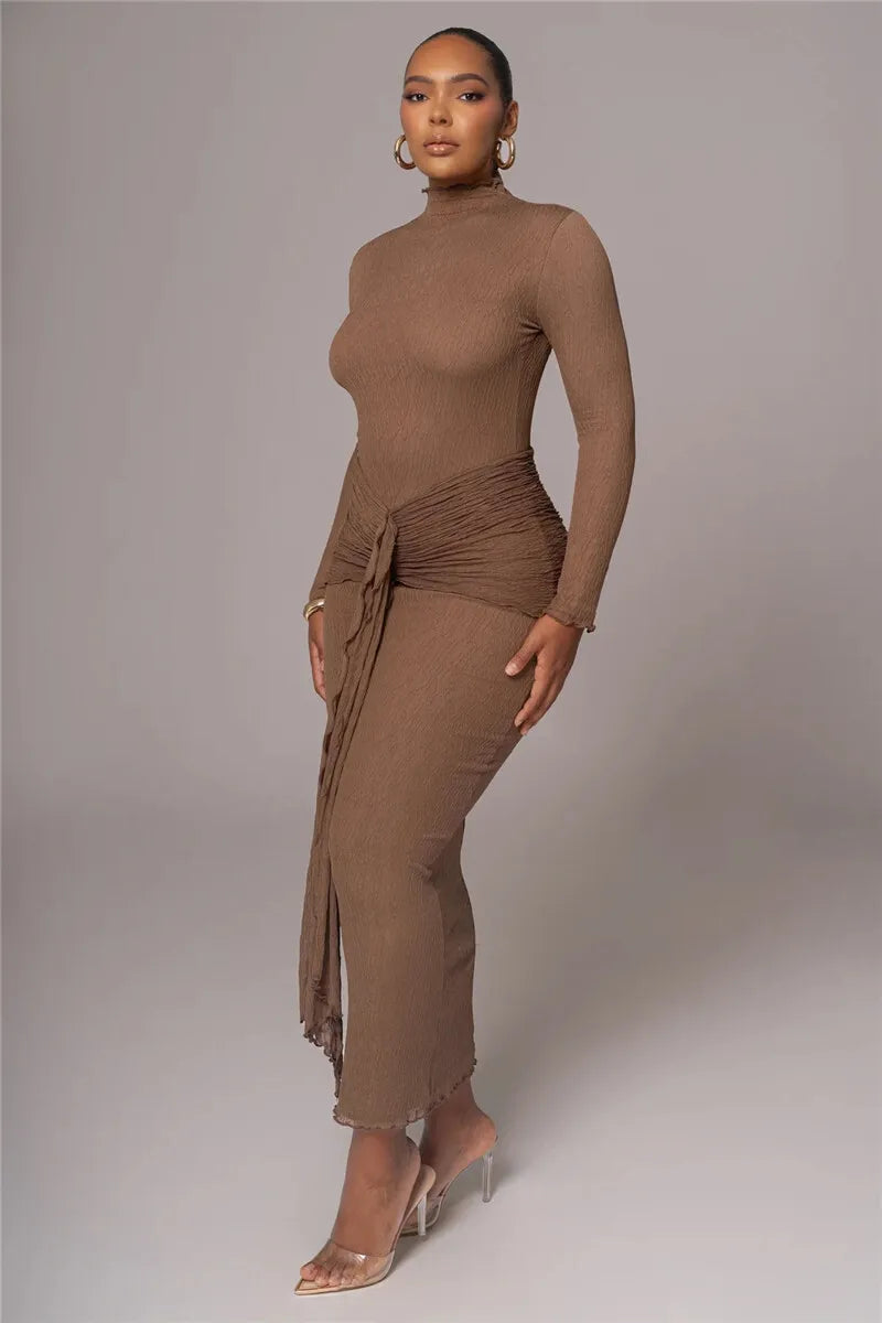 MUA Elegant Long Sleeve Drape Turtleneck Ruched Long Dress