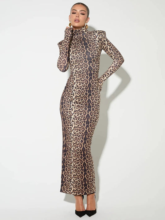Mozi Leopard Print Long Sleeve Elegant Turtleneck Long Dress