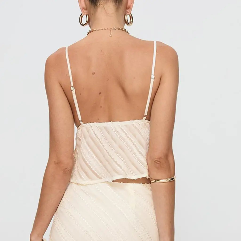 Saki Y2K See-through Ruffled V-Neck Bow Tied Shoulder Backless Crop Top Cami