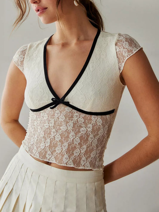 BC Fairycore Lace Floral Crop Tops Women Short Sleeves Tees Y2K Vintage V Neck See-Through