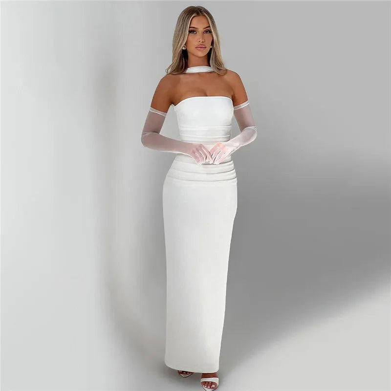 MUA Strapless Backless Maxi Dress Burgundy Mesh Sleeve Off-shoulder Long Dress