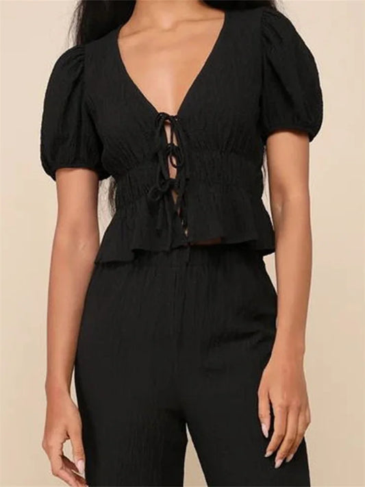 BC Ruffles Deep V Neck Short Puff Sleeve Front Split Lace-Up Top