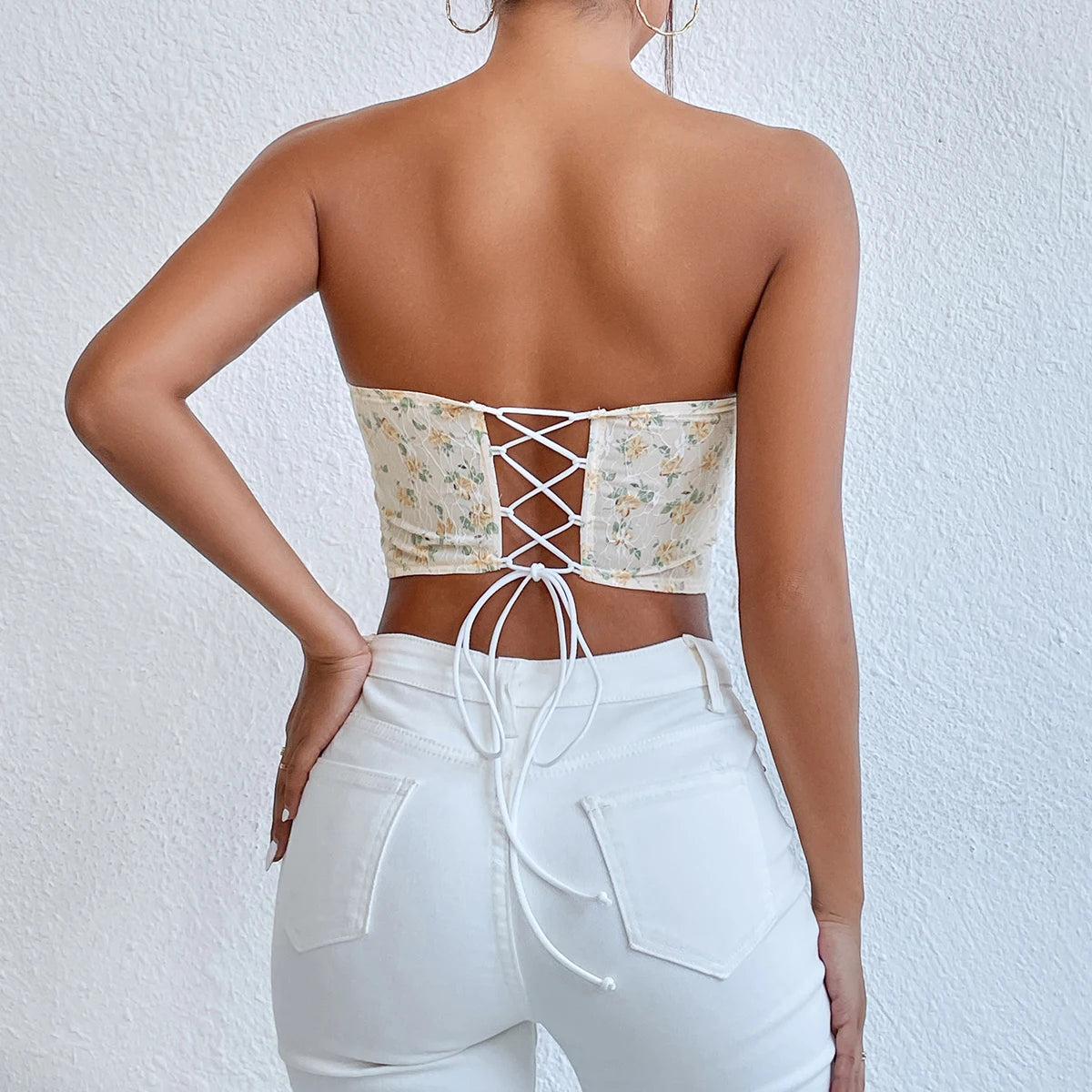 Vena Y2K Printed Sleeveless Embroidery Tank Top V Neck Mesh Crop Top Corset