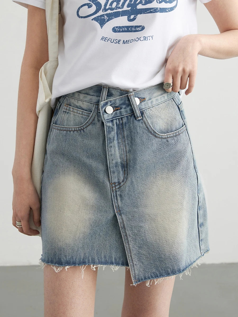 Martha Cotton Asymmetric Placket Raw Edge Denim Skirt