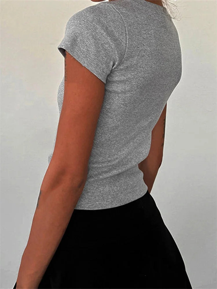 VIvia Crop Top Round Neck Short Sleeve Bow Embroidery Ribbed T-Shirt