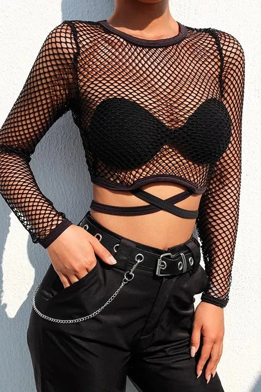 Pita Mesh Goth Long Sleeve  Hollow See-through Fishnet Top