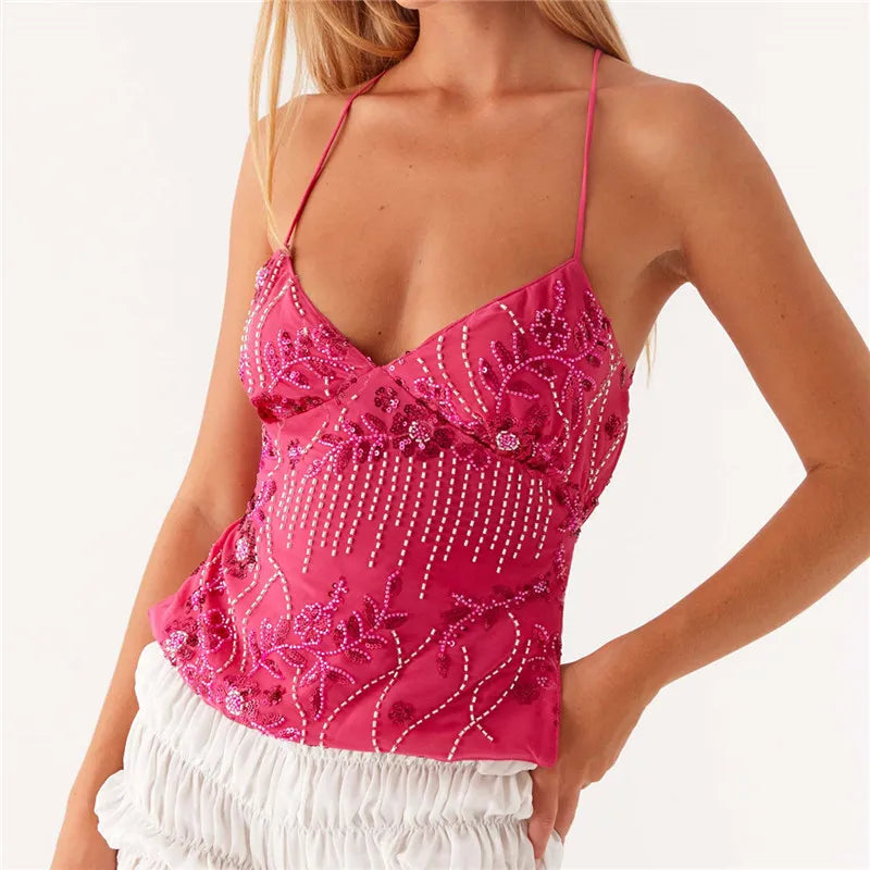 Summi Y2k Sequin Halter Crop Tops Pearl  Glitter V Neck Rhinestone