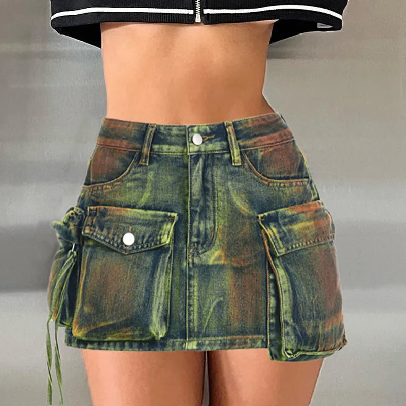 Denim High Waist Asymmetrical Pockets Skirt