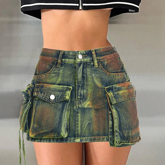 Denim High Waist Asymmetrical Pockets Skirt