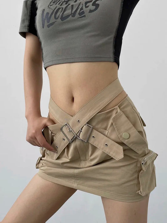 Y2K Aesthetics Belted Low Waist Pockets Cargo Skirt