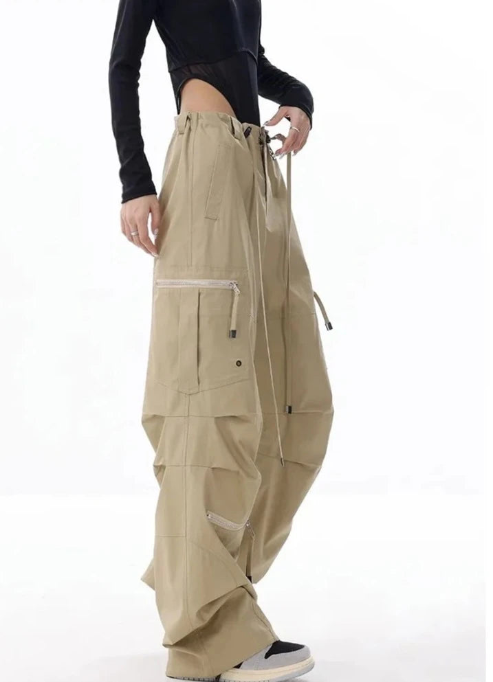 Wide Leg Cargo Pants Drawstring Parachute Trousers