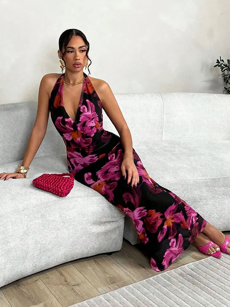 Floral Halter Print Sleeveless Mesh Dress