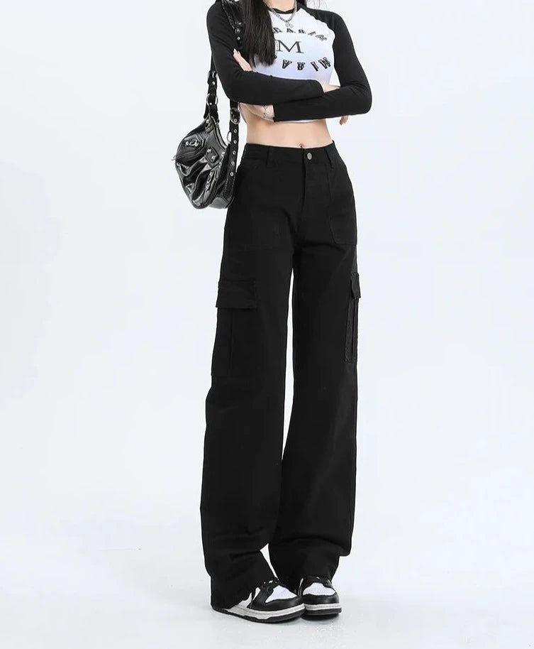 Cargo Straight Leg High Waist Pocket Trousers