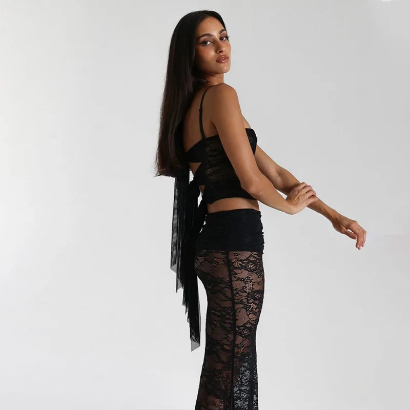 Camila See-Through Lace Set Crop Top Skirt