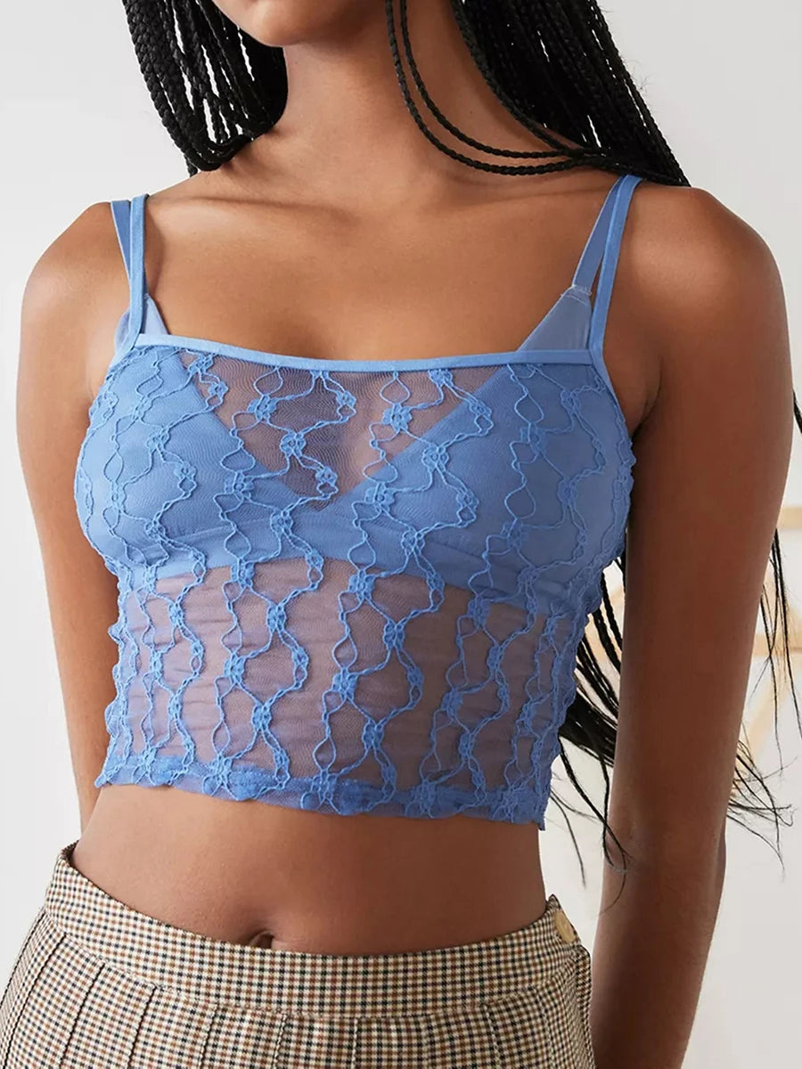BCG Y2K Fairycore Floral Lace Camisole Strap Sheer See-through Sleeveless Crop Tops